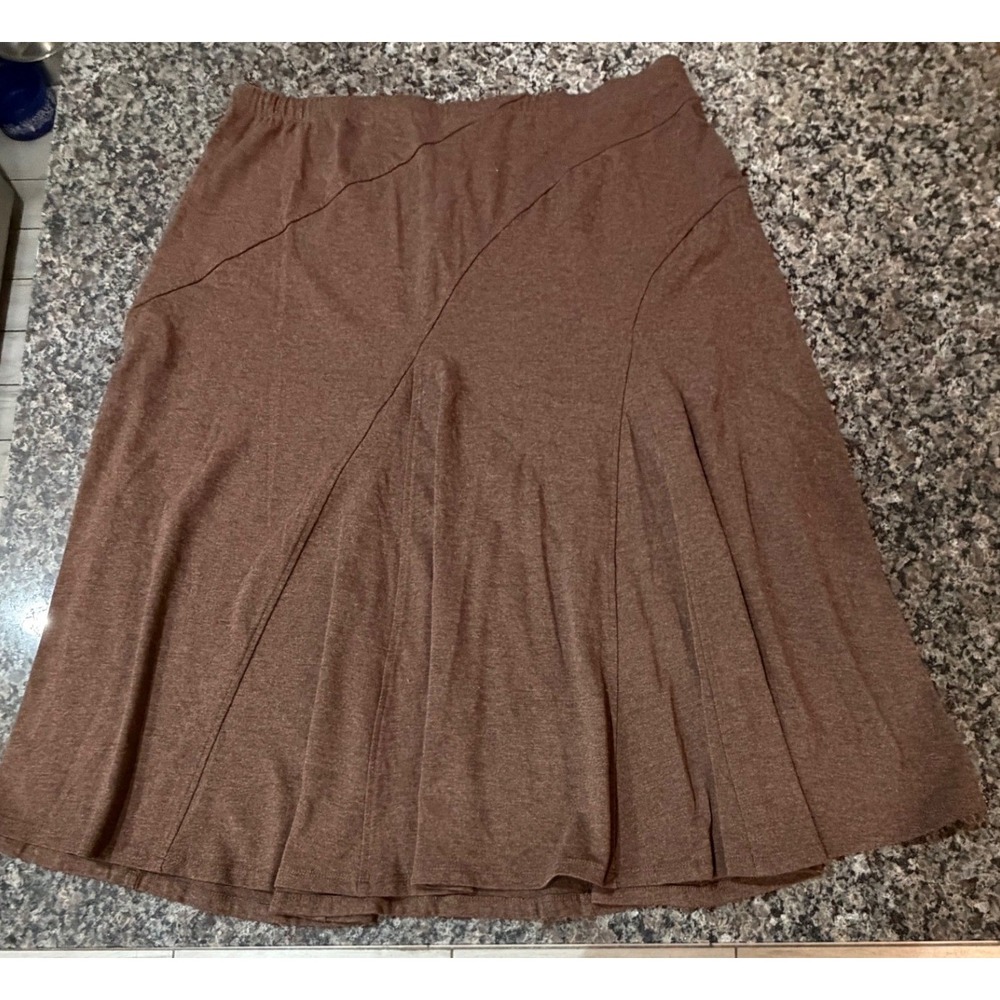 Brown Paneled A-Line Midi Skirt Elastic Waist‎ Heathered Knit Skirt